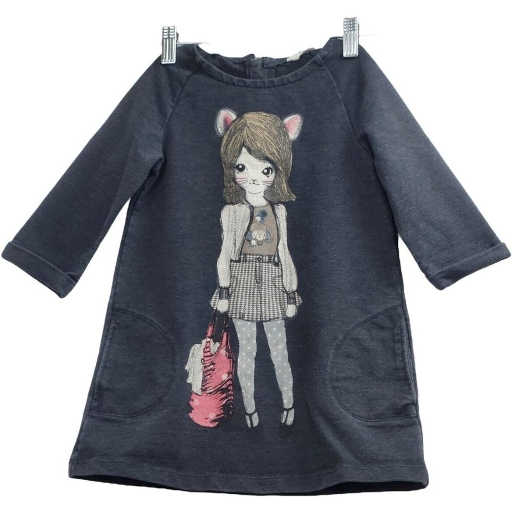 H&M Girls US 4-6 years Charcoal Gray Sweatshirt Dress Rabbit Bunny Heels Pockets